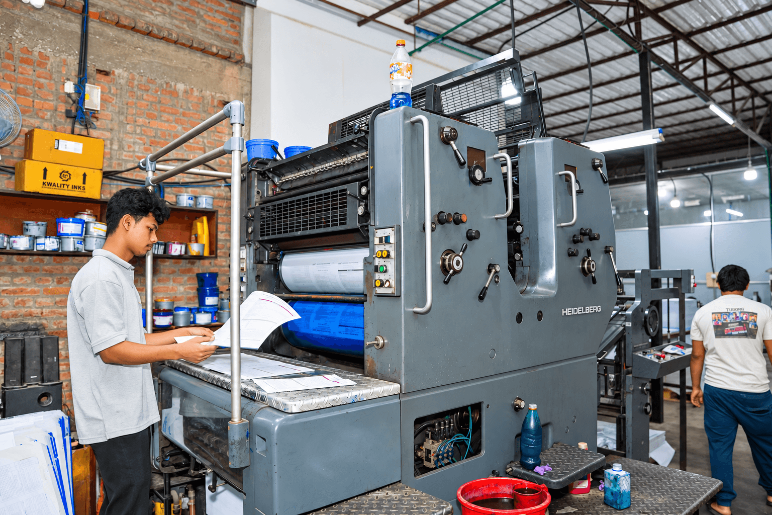 Press operator checking a print job