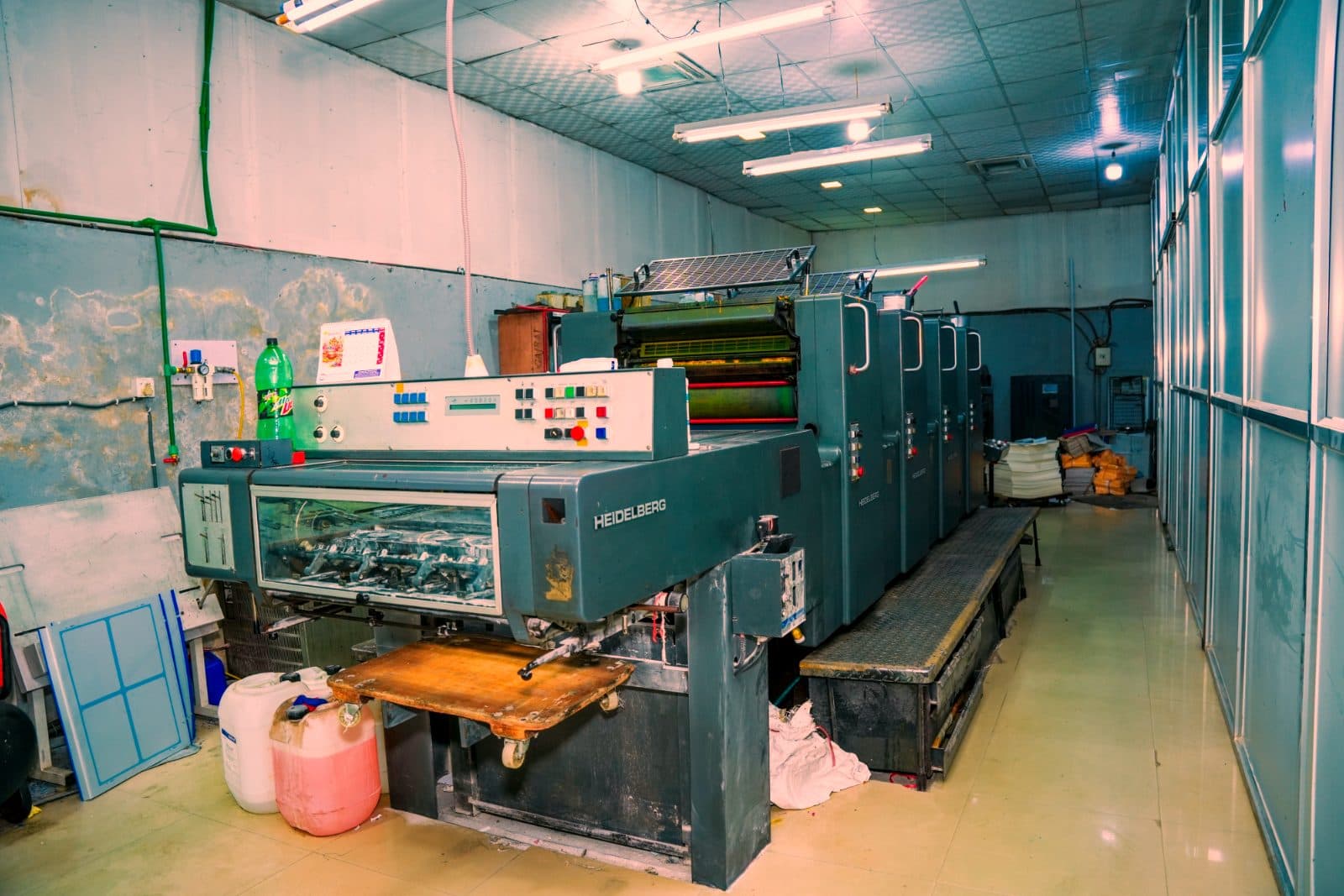 Inside the press room — the four-colour Heidelberg offset press